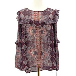 Knox Rose Boho Paisley Ruffle Blouse Sheer Long Sleeve Flowy Top Size M NWT